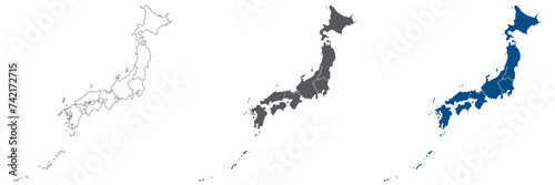 Japan map. Map of Japan in eight main regions in set