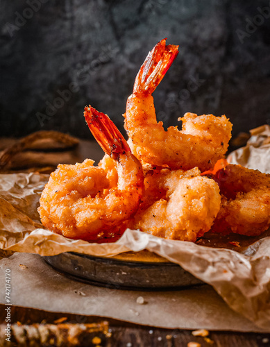 close-up shot of fried shrimp, tempura, japanese food