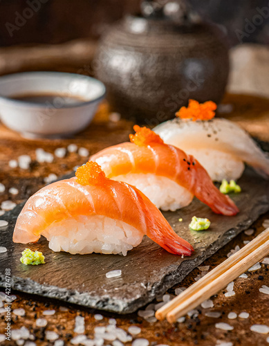 Sushi, prawn or shrimp sushi. close up shot of shrimp sushi with sauce, japanese sushi, copy space