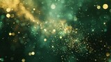 Abstract background featuring dark green and gold particles with golden light shining bokeh on a dark emerald backdrop. Incorporating a gold foil texture