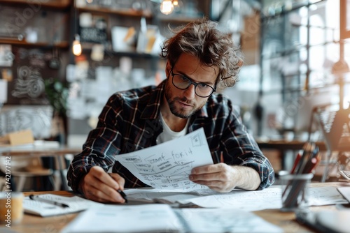 Startup founder drafting a business plan on a notepad, surrounded by inspirational quotes and sketches, capturing the entrepreneurial spirit and creativity in paperwork, Generative AI