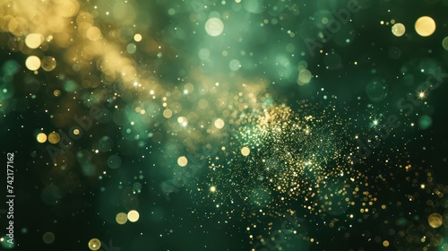 Abstract background featuring dark green and gold particles with golden light shining bokeh on a dark emerald backdrop. Incorporating a gold foil texture