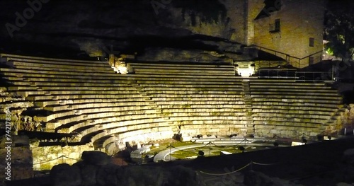 Night sight of Roman theatre in Malaga, Spain