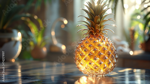 A transparent, glass-like pineapple, illuminated by vibrant, colorful LED lights