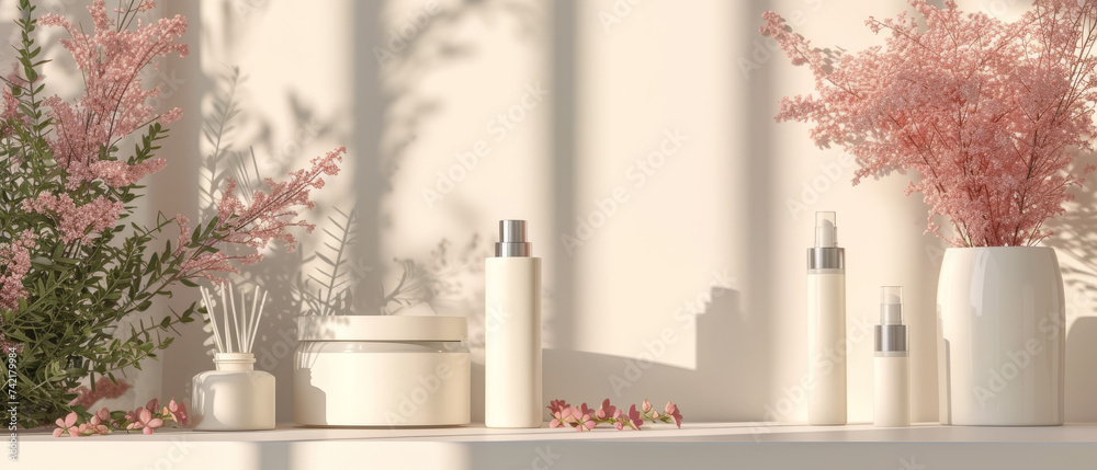 Shelf With Vases and Flowers. Podium for Produkt presentation. Background for product mockup. Minimal abstrac background.	