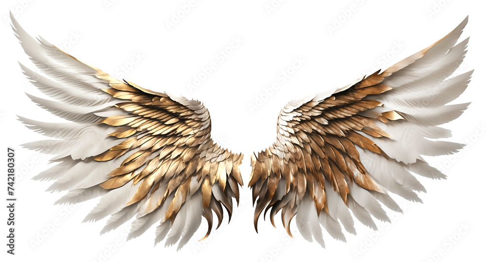 Golden White angel wings render 3D feather bird wings die cut. - obrazy, fototapety, plakaty 