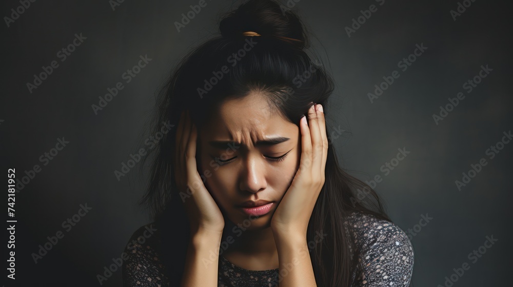 A Depressed frustrated young Asian woman suffering from headache, migraine, touching face, head with closed eyes, feeling stressed, sick, tired, thinking over bad news, problems, crisis. A Depressed frustrated young Asian woman suffering from headache, migraine, touching face, head with closed eyes, feeling stressed, sick, tired, thinking over bad news, problems, crisis.