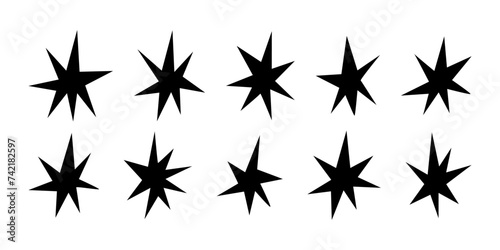 Black stars silhouette. Set of silhouettes starburst isolated on white background. Black starburst speech bubbles. Abstract vector random geometric illustration star shapes. Black hole silhouettes