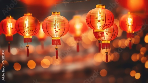 A Chinese red lanterns on a happy Chinese New Year night adorning the Chinese community, clear details of Chinese lanterns, bokeh blur background, out of focus city lights.