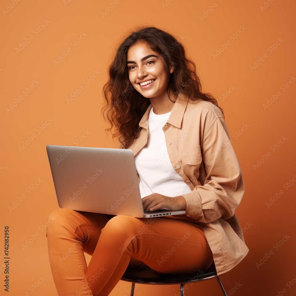 A Successful, full body, happy and happy young woman in trendy shirt sitting on chair working on laptop computer, doing winner pose isolated on studio, pastel light orange background. A Successful, full body, happy and happy young woman in trendy shirt sitting on chair working on laptop computer, doing winner pose isolated on studio, pastel light orange background.