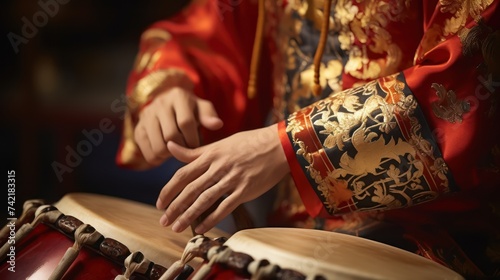 Close-up of an ancient Chinese man playing a large Chinese drum. Wear Chinese national costume A strong drummer committed to playing the big drum and the wooden drum. photo