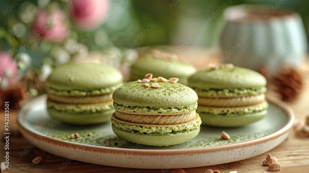 matcha macarons on a plate on a wooden table