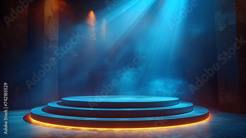 Stage with spotlight, An empty podium scene for a product presentation with blue dramatic lighting strikes, Ai generated image