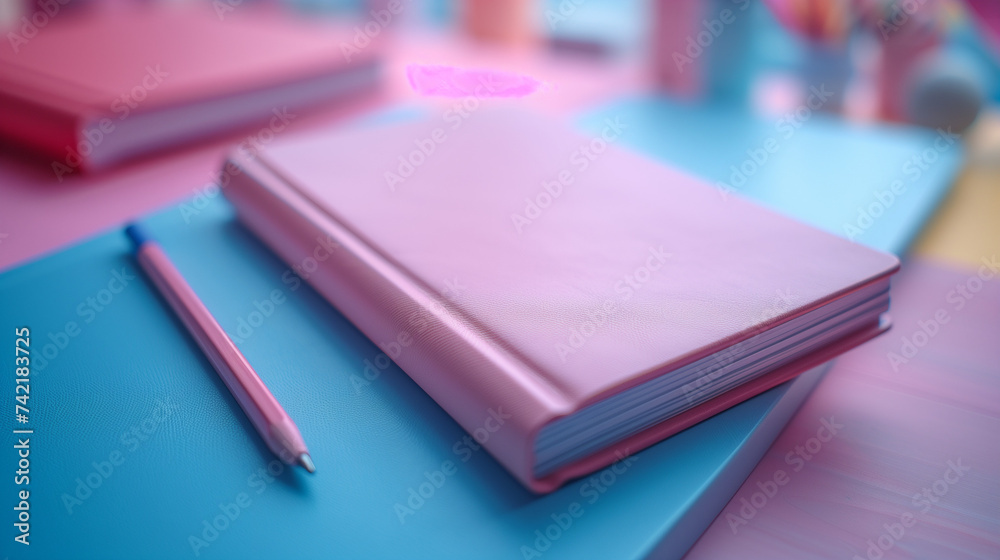 Development of corporate identity. Table with a notebook. Pen and pencil, blank sheets. Image for advertising and presentation of stationery products. Pastel color combinations, Ai notebook and pencil Development of corporate identity. Table with a notebook. Pen and pencil, blank sheets. Image for advertising and presentation of stationery products. Pastel color combinations, Ai notebook and pencil