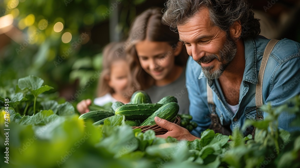 A family of farmers harvests cucumbers in their garden. Dad and his children