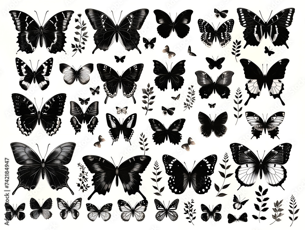 set of butterflies silhouettes on white set of butterflies silhouettes on white