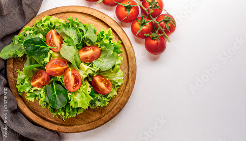 top view of green salad, with green vegetables and tomato, top view, healthy salad, copyspace