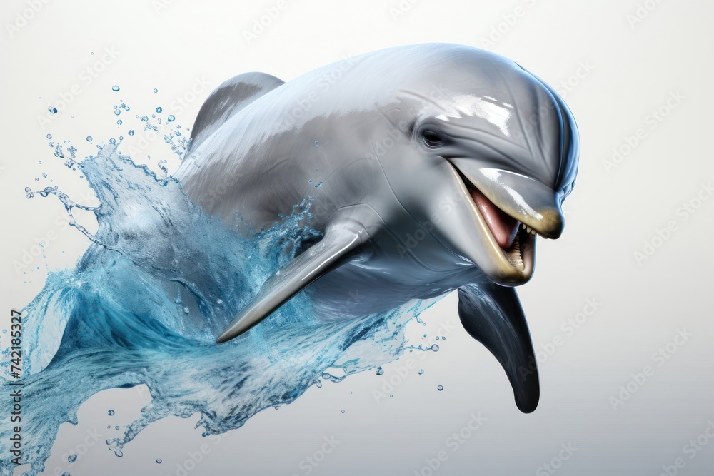 Obraz premium Dolphin Jumping Out of Water With Mouth Open Generative AI