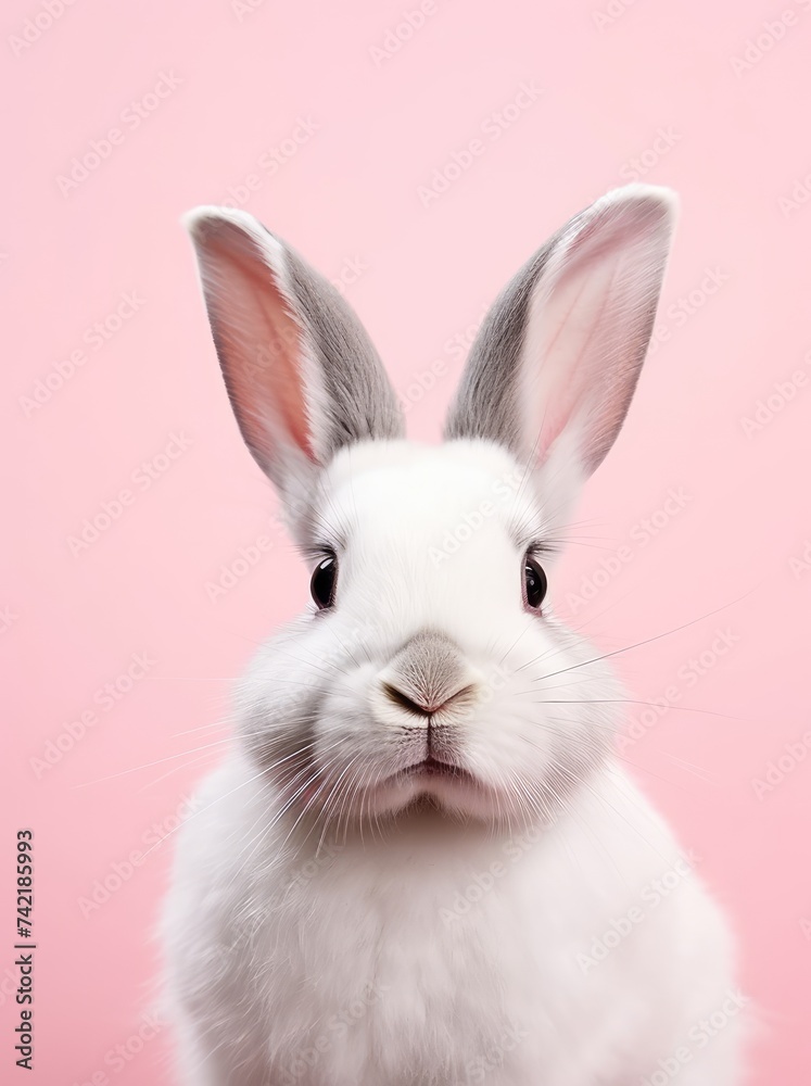 A white rabbit with grey ears is sitting in front of a pink background.