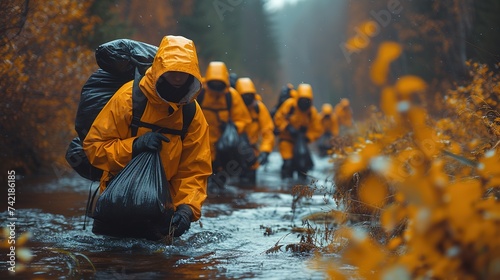 Young volunteers cleaning up the forest together, they are collecting trash