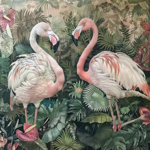 Two Flamingos Stand Amidst Dense Tropical Flora