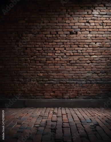 A dimly lit room with a brick wall and flooring made of rectangular brown bricks, creating a pattern resembling a road surface