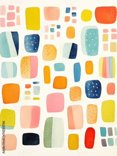 A painting featuring vibrant squares and dots of various sizes and colors arranged on a white background, creating a visually striking and modern abstract composition.
