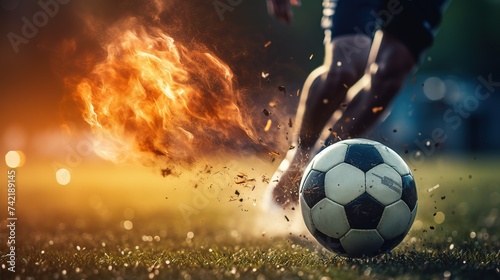 Close up of a soccer striker ready to kicks a fiery ball at the stadium © Vasiliy