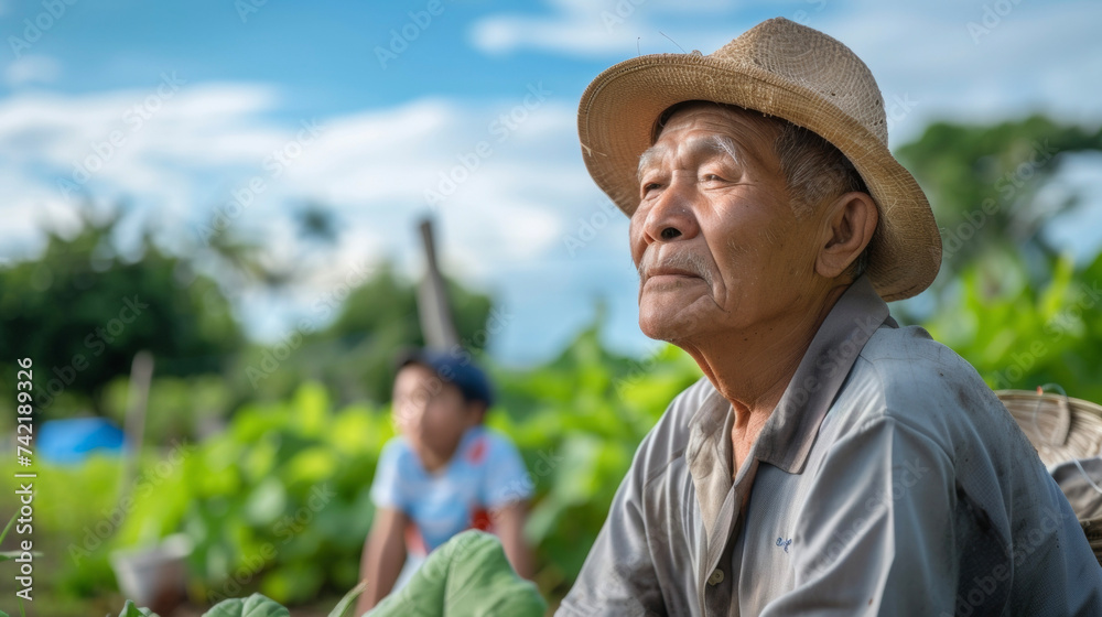 An elderly farmer gazes out at his sprawling land a sense of peacefulness and fulfillment emanating from his expression. In the background his grandchildren can be seen playing