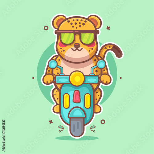 cool cheetah animal character mascot riding scooter motorcycle isolated cartoon