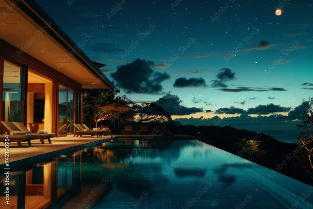 Luxurious villa with private infinity pool at night, comfortable chaise lounges sitting on terrace, overlooking the sky with starlight and new moon.