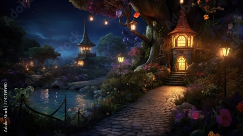 Enchanted nighttime garden with illuminated fantasy cottages. Magical landscape.