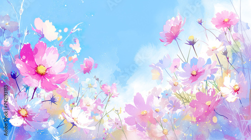 明るい青空の下に咲くコスモスの水彩イラスト風景 © AYANO