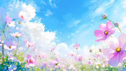 明るい青空の下に咲くコスモスの水彩イラスト風景