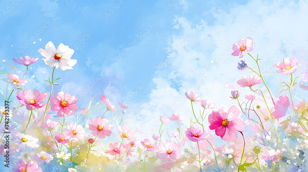 明るい青空の下に咲くコスモスの水彩イラスト風景