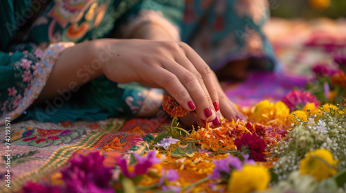A womans delicate hands carefully arranging intricate patterns of colorful flowers and greenery for a traditional Eid alAdha decoration.