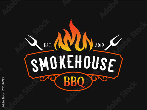 Barbecue smokehouse bbq grill restaurant logo with fork and fire