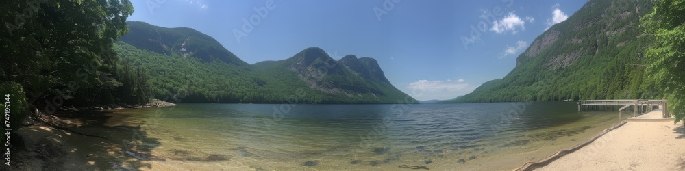 Tranquil Lake with Wooden Path and Mountain Background
