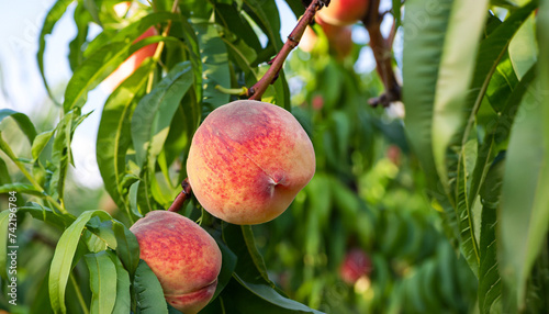 Ripe sweet peach fruits growing on a peach tree branch in orchard; organic farming; harvesting; selective focus