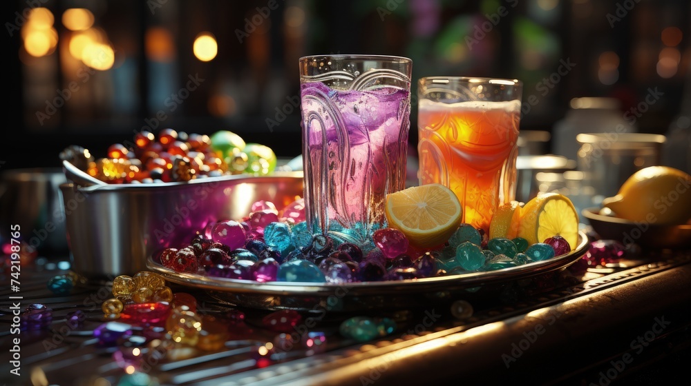 A festive Mardi Gras scene with colorful drinks