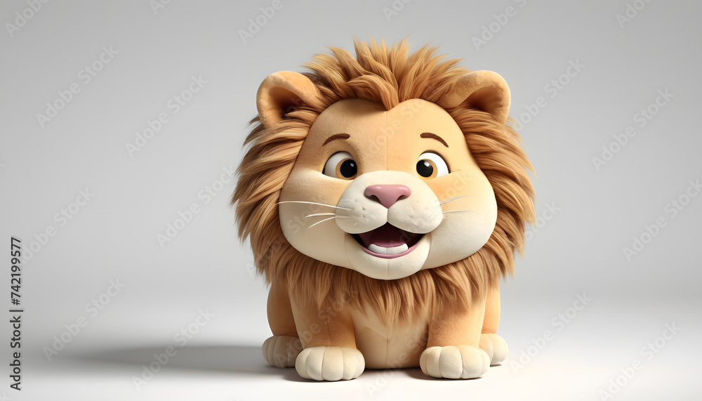 A chubby, adorable, furry little Lion happiness, staring in a 3D plush style against a white background