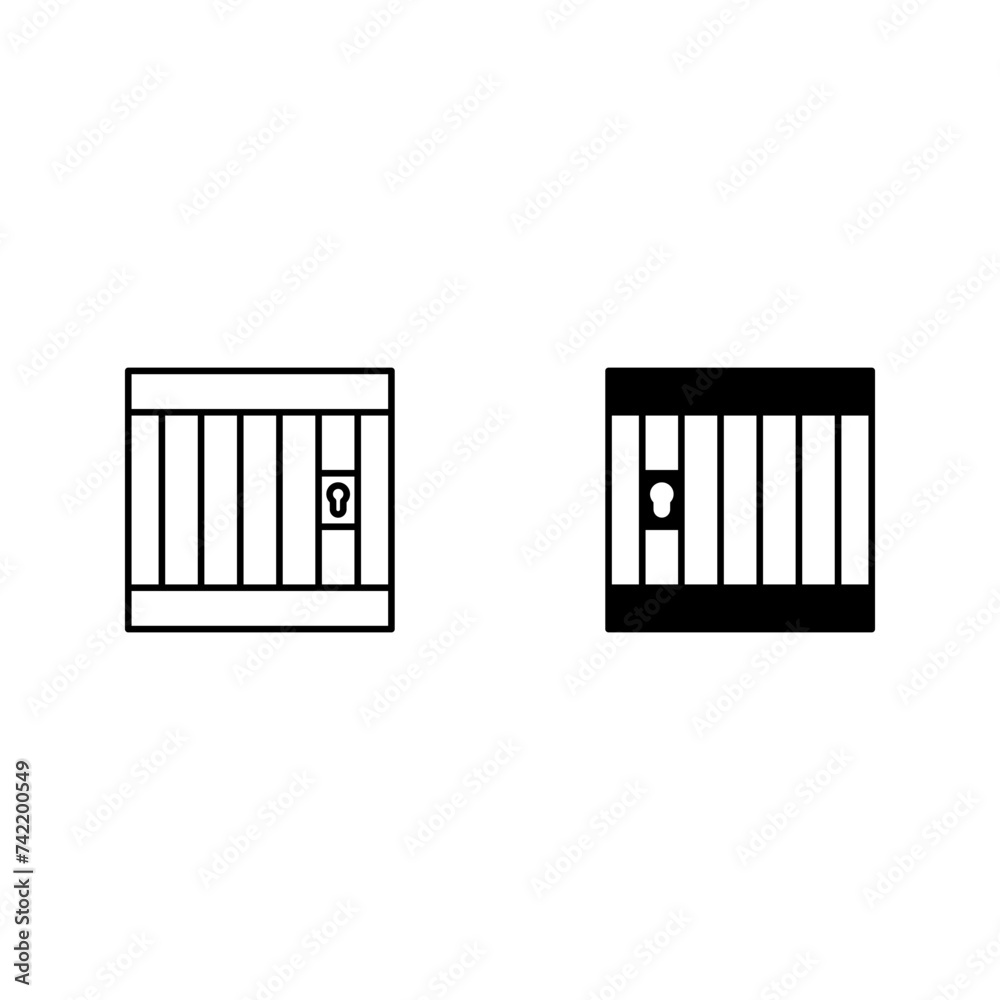 Prison icon. Hands holding prison bars. Silhouette criminal man behind bars color editable