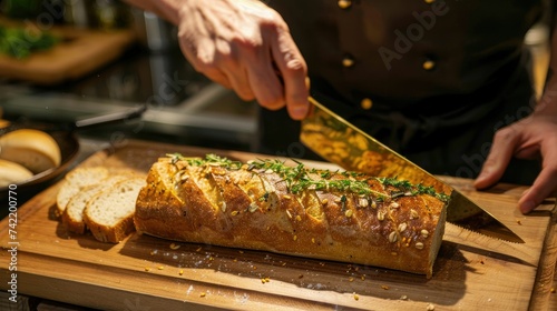 Whole grain bread put on kitchen wood plate with a chef holding gold knife for cut 