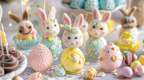 A variety of Easterthemed cake pops each handdecorated with intricate designs of bunnies chicks and eggs is displayed on a table with a banner reading Hop on down for some