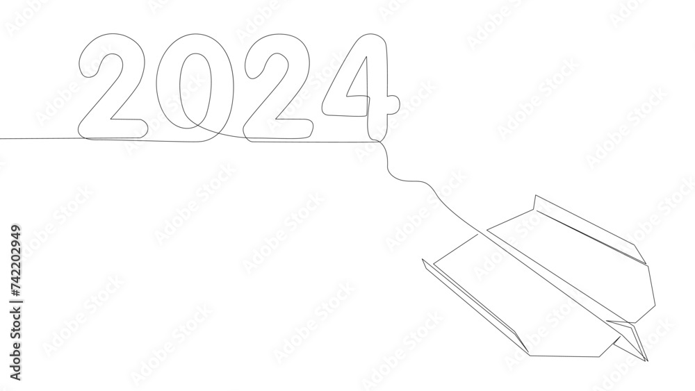 One continuous line of Paper Airplane with number 2024. Thin Line Illustration vector concept. Contour Drawing Creative ideas. One continuous line of Paper Airplane with number 2024. Thin Line Illustration vector concept. Contour Drawing Creative ideas.