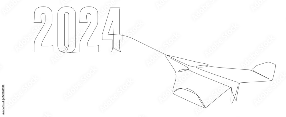 Obraz premium One continuous line of Paper Airplane with number 2024. Thin Line Illustration vector concept. Contour Drawing Creative ideas.