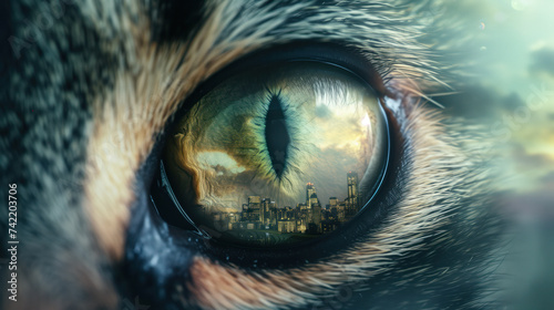 A macro shot of a cat's eye with the reflection of the city