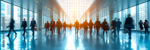 Open lobby-office space. . Modern architecture. Lots of natural light. Office workers walking - silhouette effect -high-end expensive business suits. Blurred image. Motion blur  - golden hour