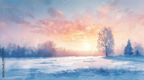 A soft pastel sunrise casts a gentle glow over a serene snowy landscape, highlighting the stillness of a winter's dawn. 