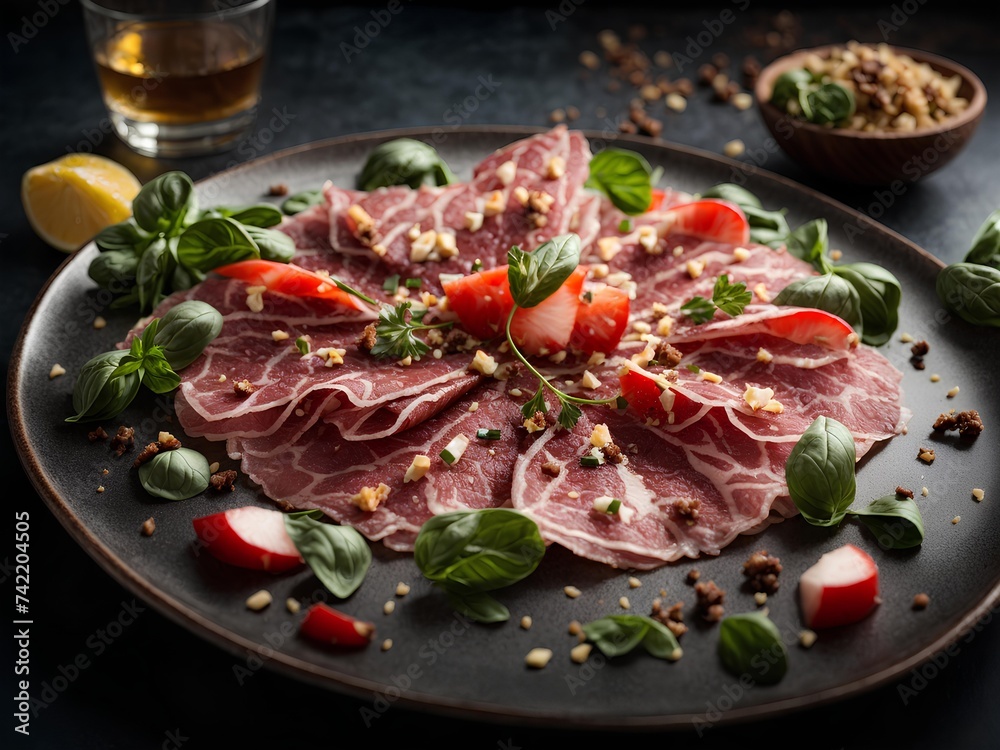 Beef carpaccio, thin slices of ultra-fresh raw beef garnished with arugula and drizzled with vinaigrette. Italian cuisine Beef carpaccio, thin slices of ultra-fresh raw beef garnished with arugula and drizzled with vinaigrette. Italian cuisine